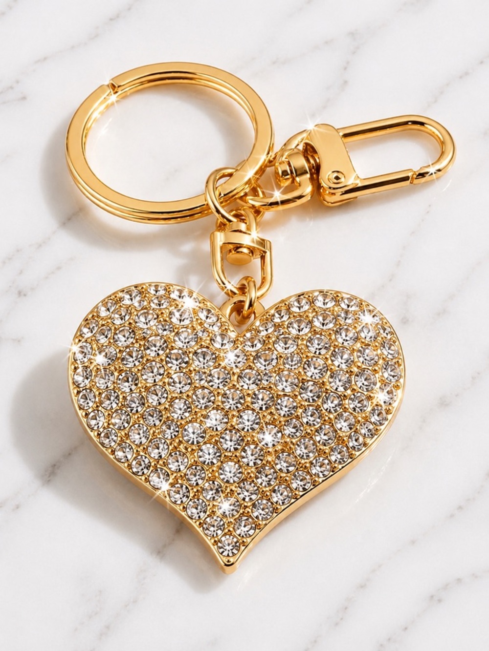 Rhinestone Heart Bling Bag/Keychain Gold Crystal, Sparkly Key Ring Accessory - Picture 4 of 5